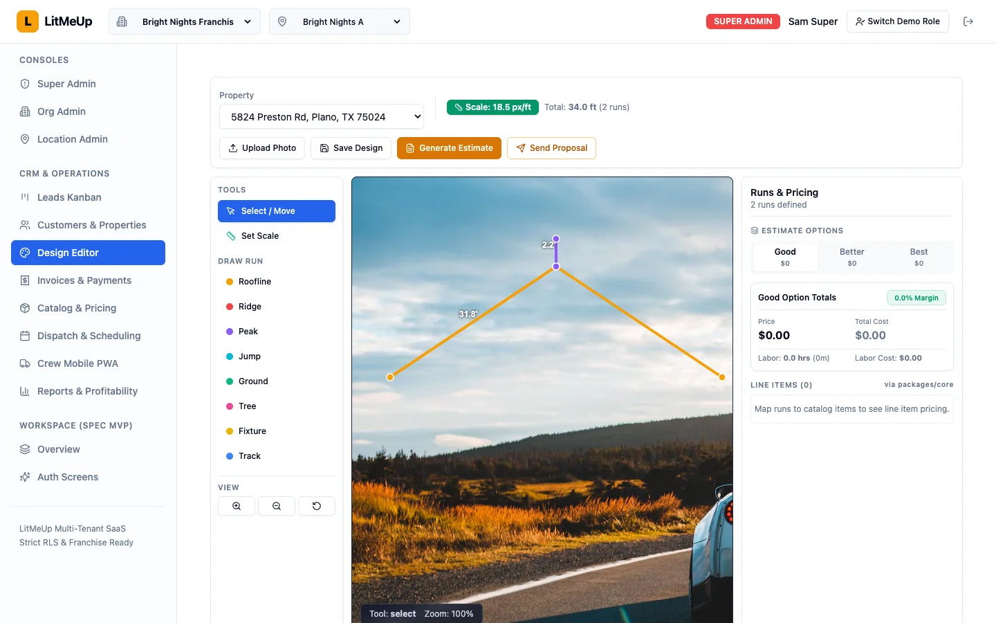 LitMeUp design canvas showing facade photo with live footage and pricing